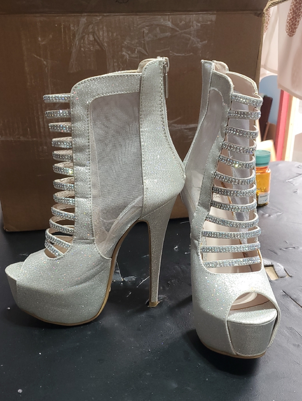 Women's Sparkle Strappy Platform High Heel Booties - Silver Brand New.